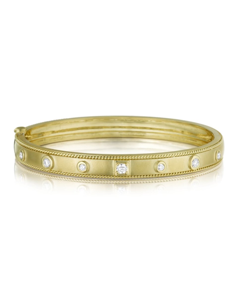 18K Gold Bangle with Round & Square Diamond Stations